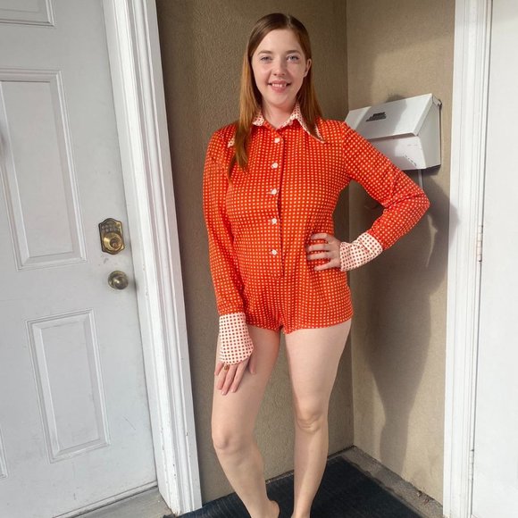 1960s Orange White Polka Jumpsuit - Picture 1 of 4